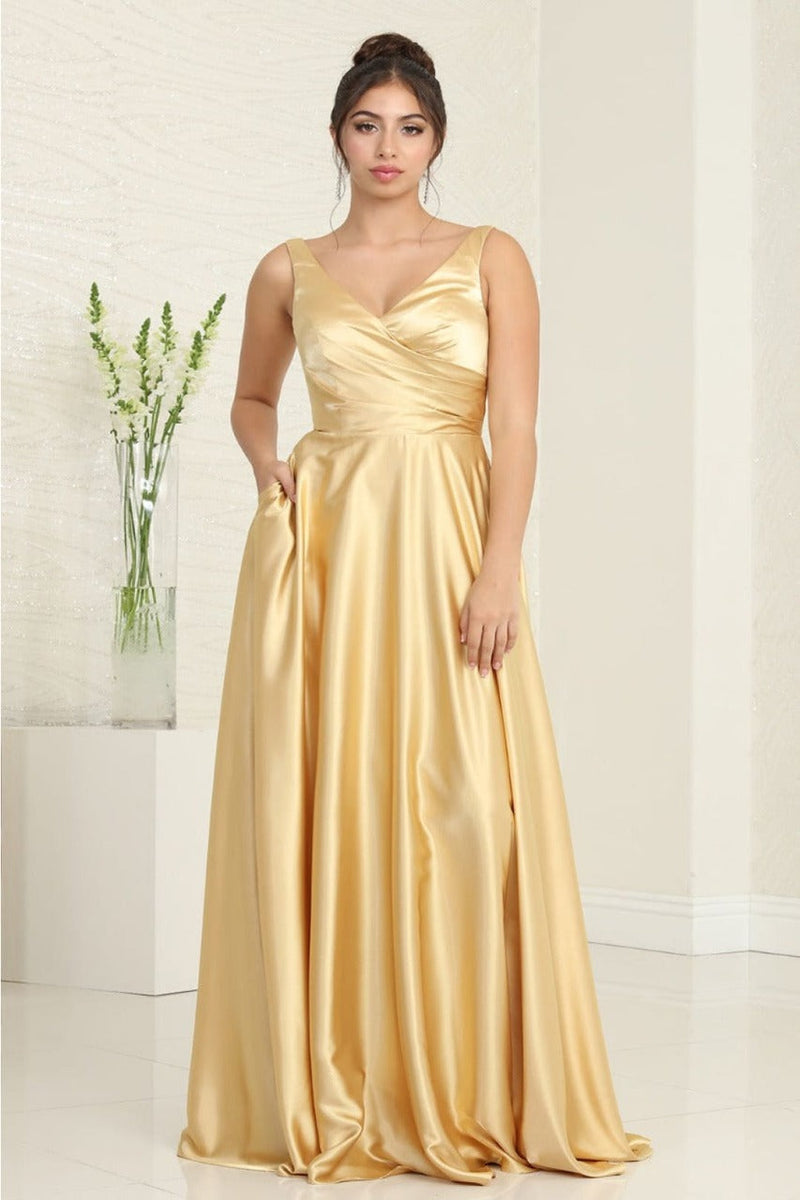 May Queen MQ1994 Sleeveless Side Pockets Satin Formal Evening Dress