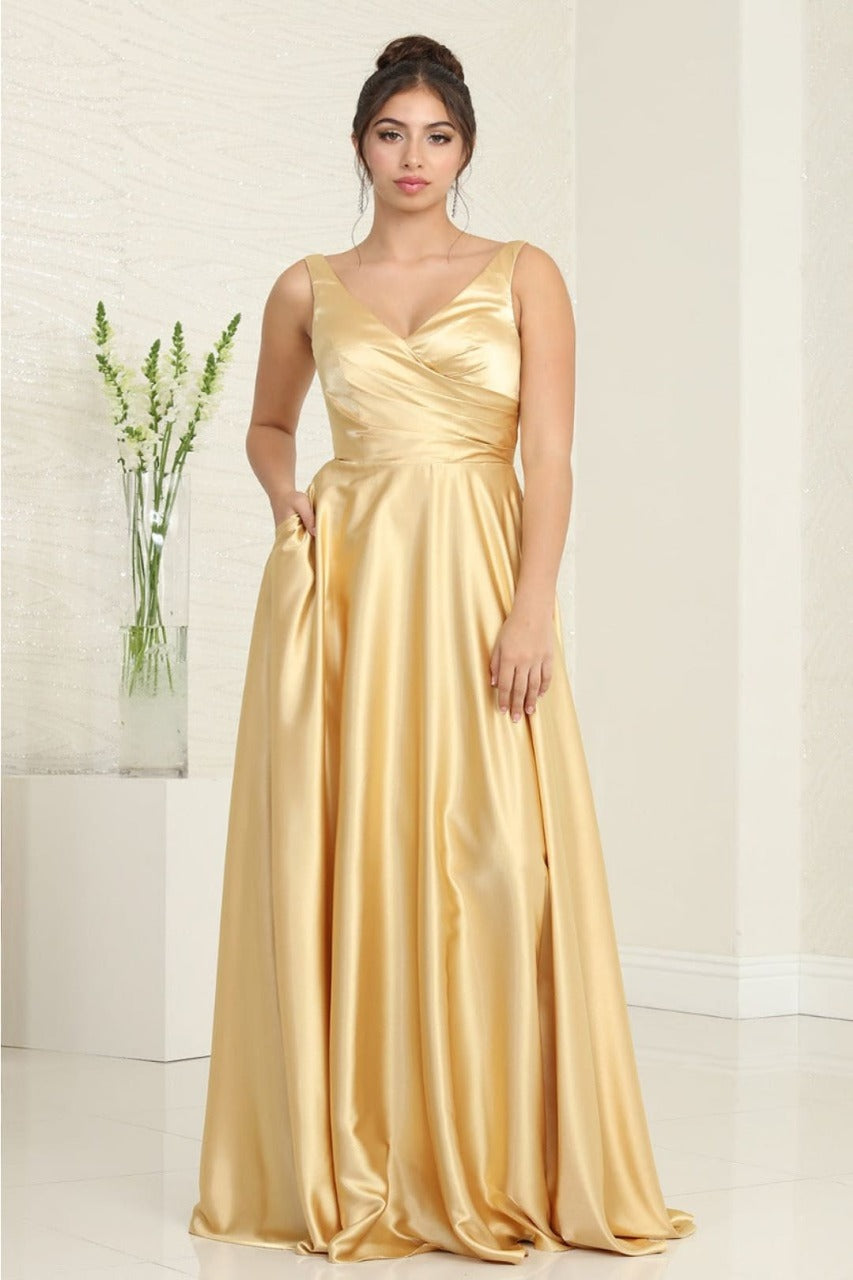 May Queen MQ1994 Sleeveless Side Pockets Satin Formal Evening Dress