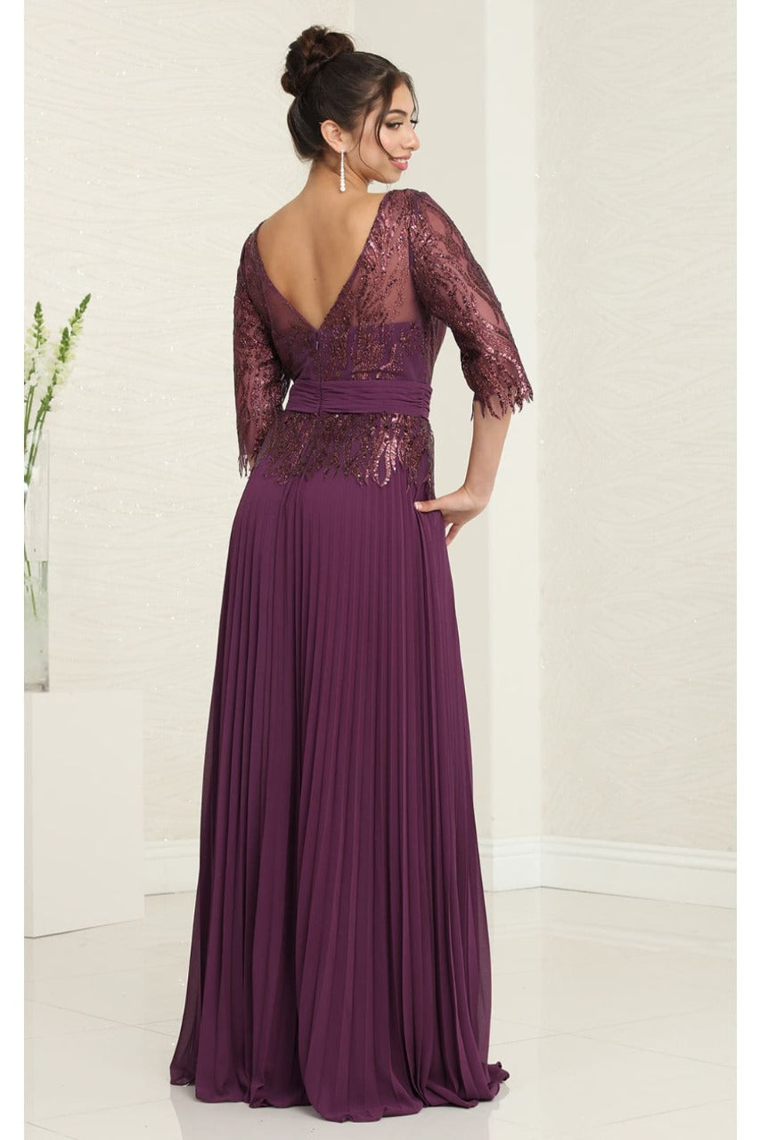 May Queen MQ2007 3/4 Sleeves Rhinestone Beaded Pleated Evening Gown