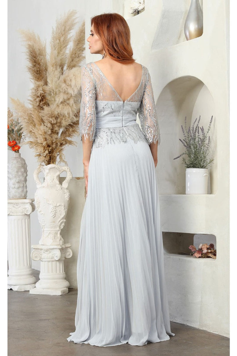 May Queen MQ2007 3/4 Sleeves Rhinestone Beaded Pleated Evening Gown