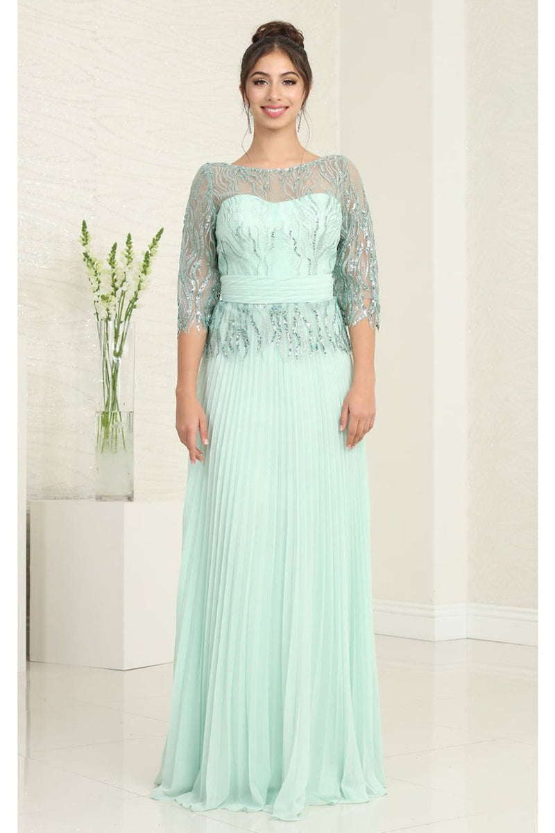 May Queen MQ2007 3/4 Sleeves Rhinestone Beaded Pleated Evening Gown