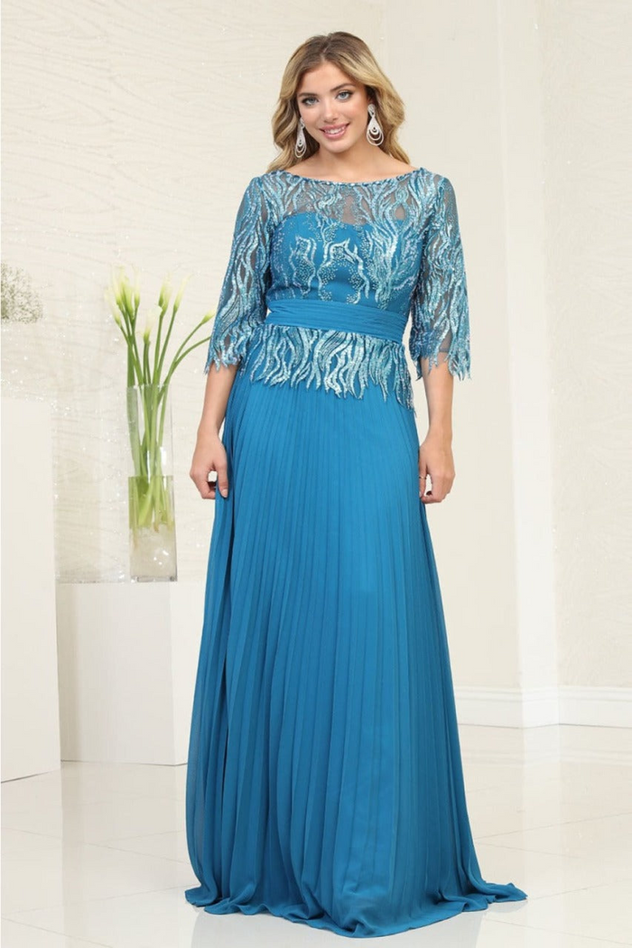 May Queen MQ2007 3/4 Sleeves Rhinestone Beaded Pleated Evening Gown