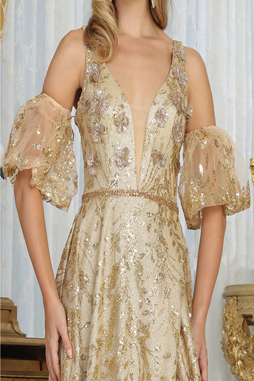 May Queen MQ2038 Floral Applique Glitter High Slit Gala Long Gown