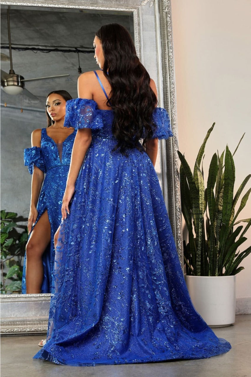 May Queen MQ2038 Floral Applique Glitter High Slit Gala Long Gown