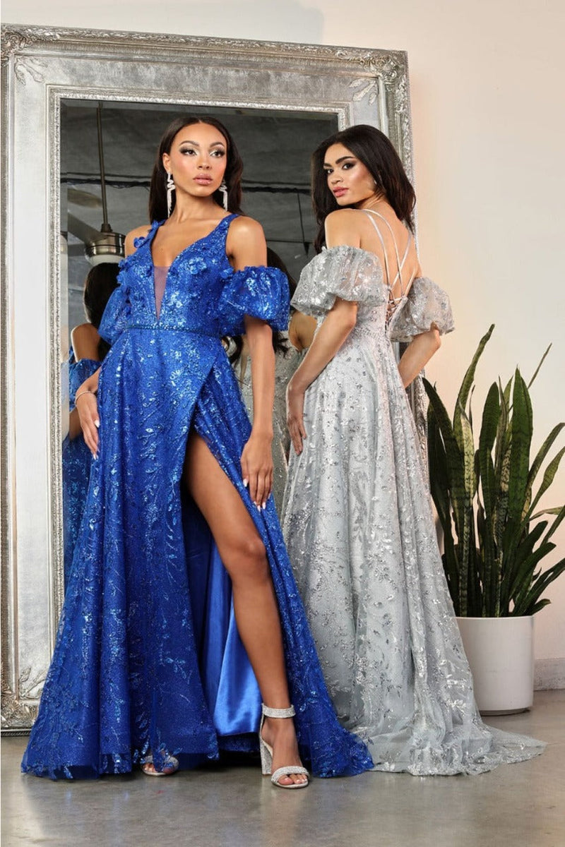 May Queen MQ2038 Floral Applique Glitter High Slit Gala Long Gown