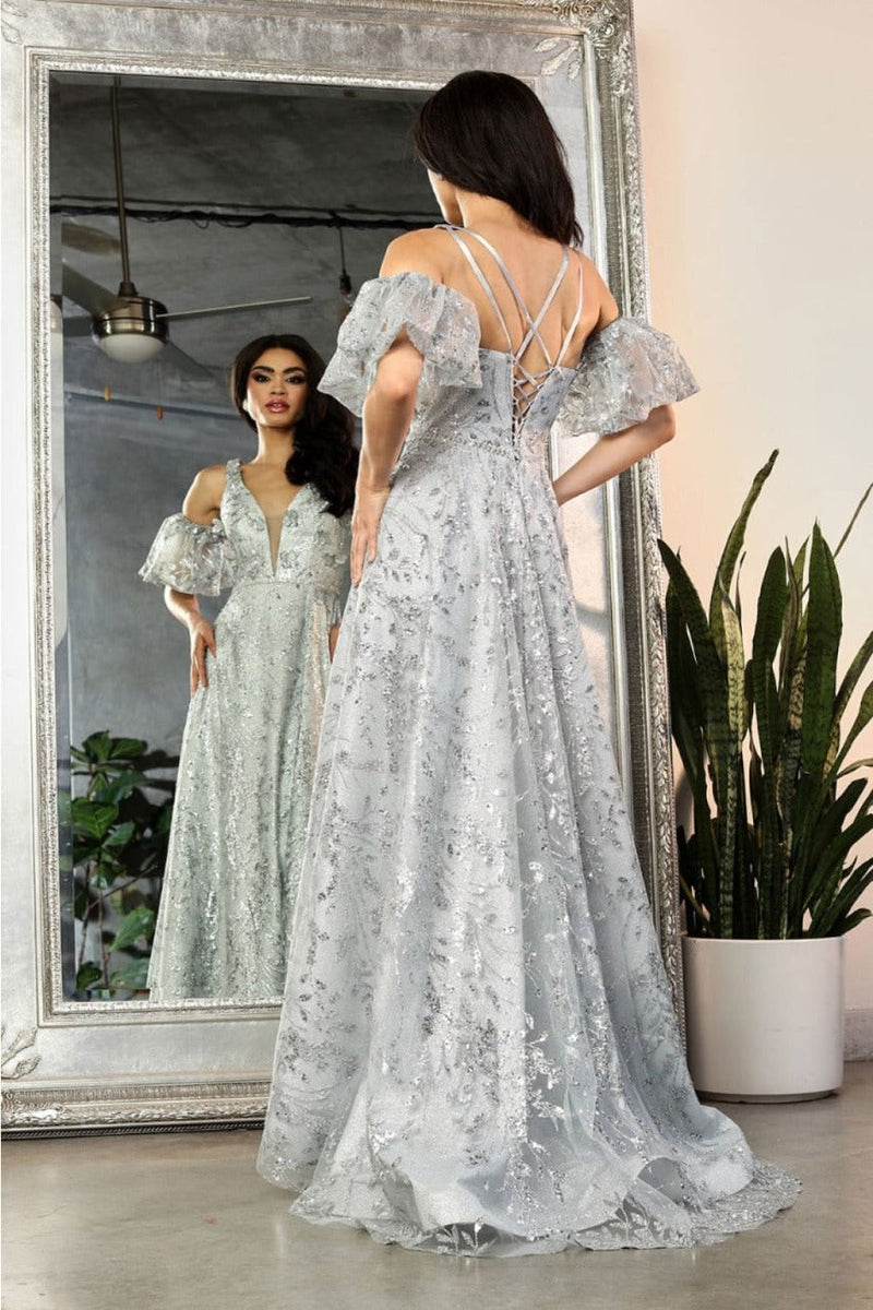 May Queen MQ2038 Floral Applique Glitter High Slit Gala Long Gown