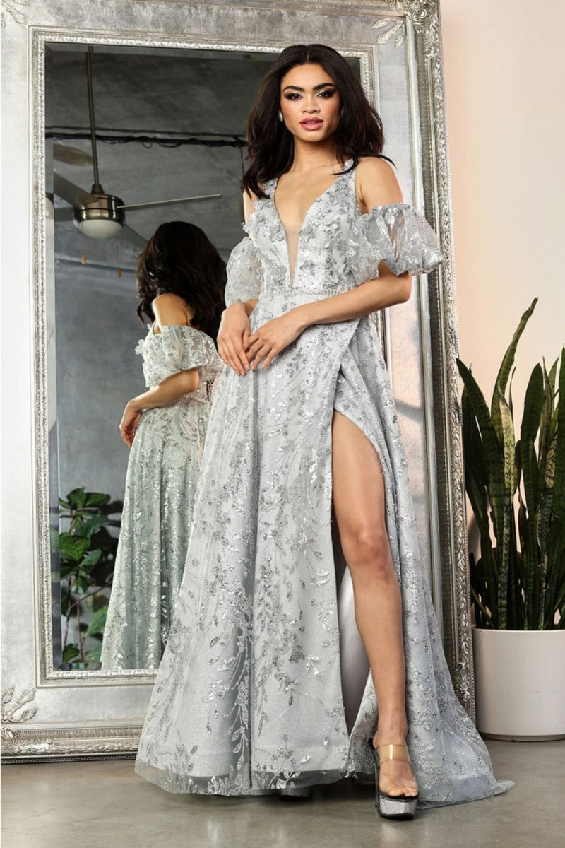 May Queen MQ2038 Floral Applique Glitter High Slit Gala Long Gown