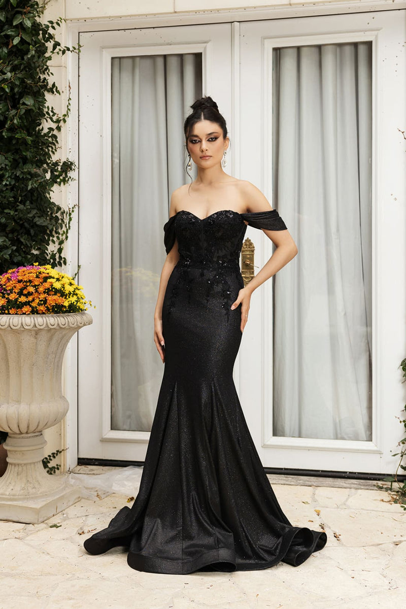May Queen MQ2104 Draped Sleeves Corset Glitter Red Carpet Gown