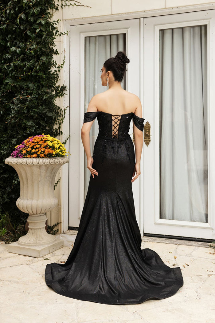 May Queen MQ2104 Draped Sleeves Corset Glitter Red Carpet Gown
