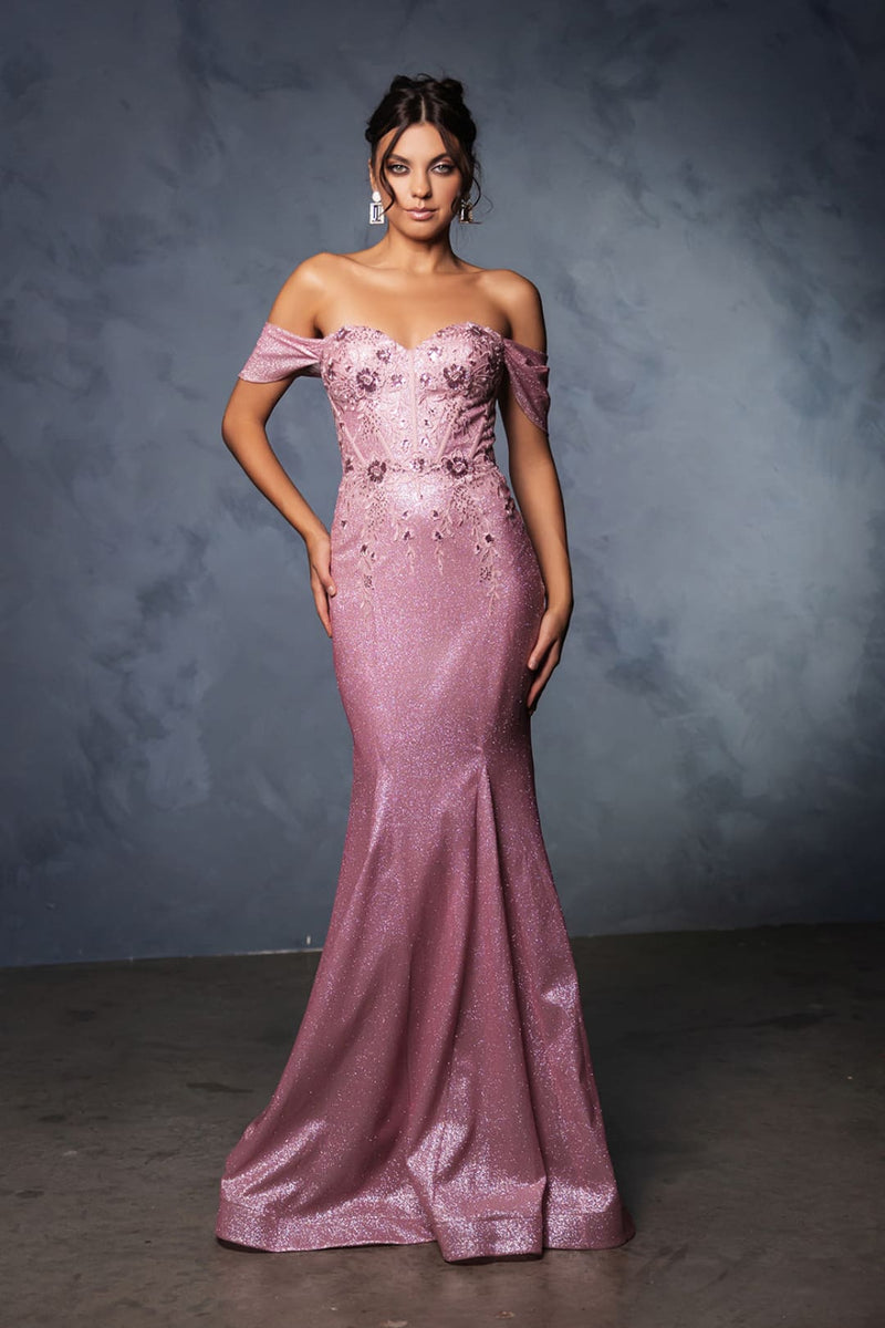 May Queen MQ2104 Draped Sleeves Corset Glitter Red Carpet Gown