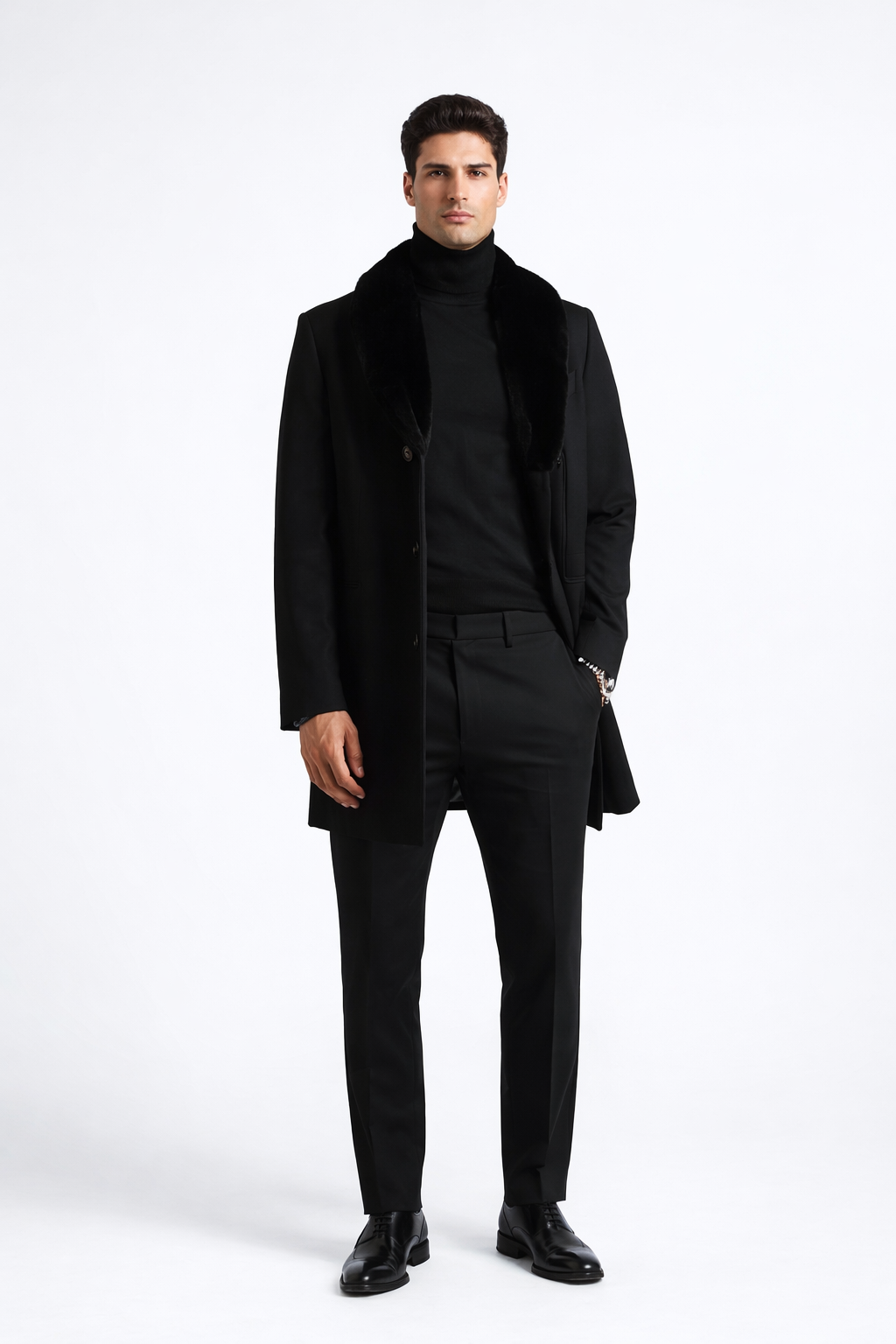 Men Black Overcoat With Fur Collar Wool Topcoats