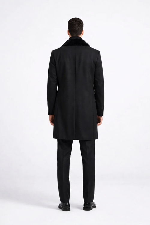 Men Black Overcoat With Fur Collar Wool Topcoats