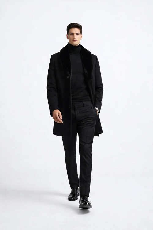 Men Black Overcoat With Fur Collar Wool Topcoats