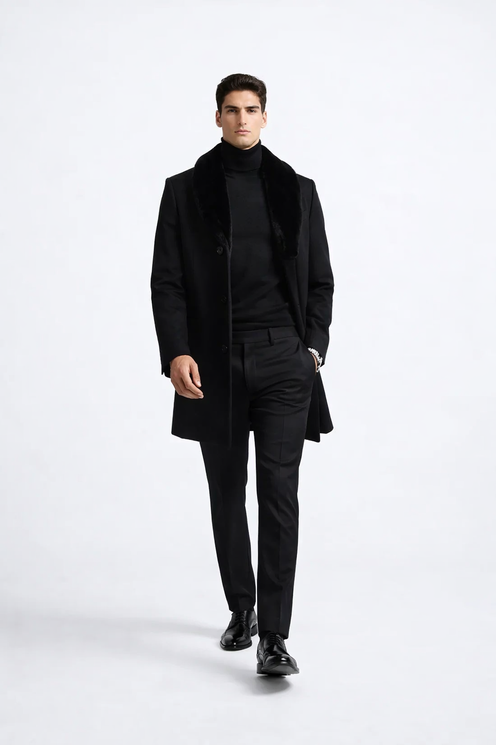 Men Black Overcoat With Fur Collar Wool Topcoats