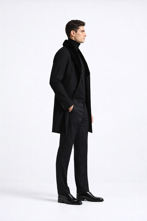 Men Black Overcoat With Fur Collar Wool Topcoats