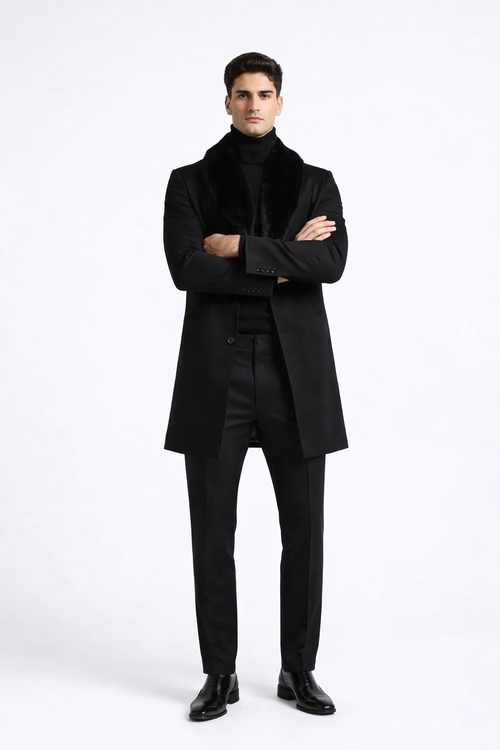 Men Black Overcoat With Fur Collar Wool Topcoats