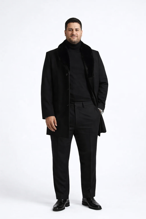 Men Black Overcoat With Fur Collar Wool Topcoats