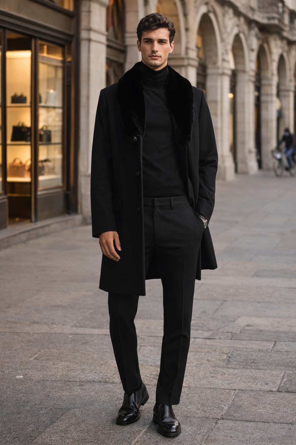 Men Black Overcoat With Fur Collar Wool Topcoats