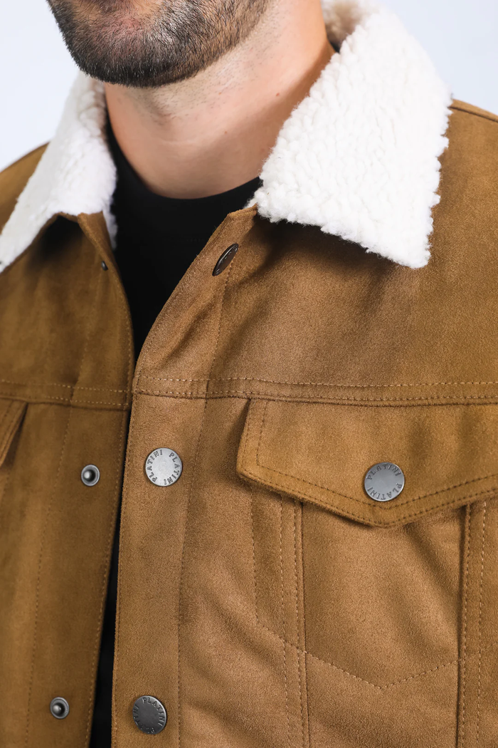 Classic Camel Faux Suede Jacket for Men – Sherpa Lined Warm Winter Style