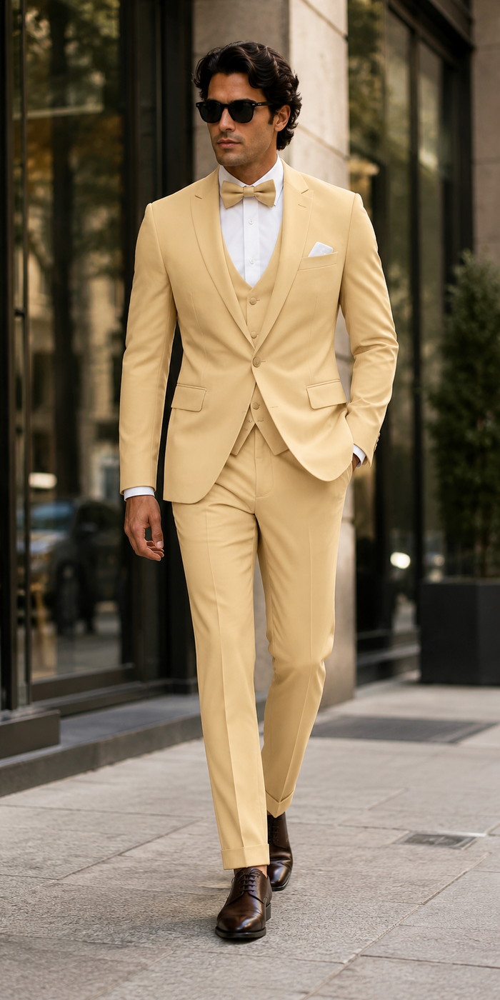 Men Champagne Suit - Light Gold Color Shiny Suit  -  Sateen Suit - Wedding Tuxedo Suit