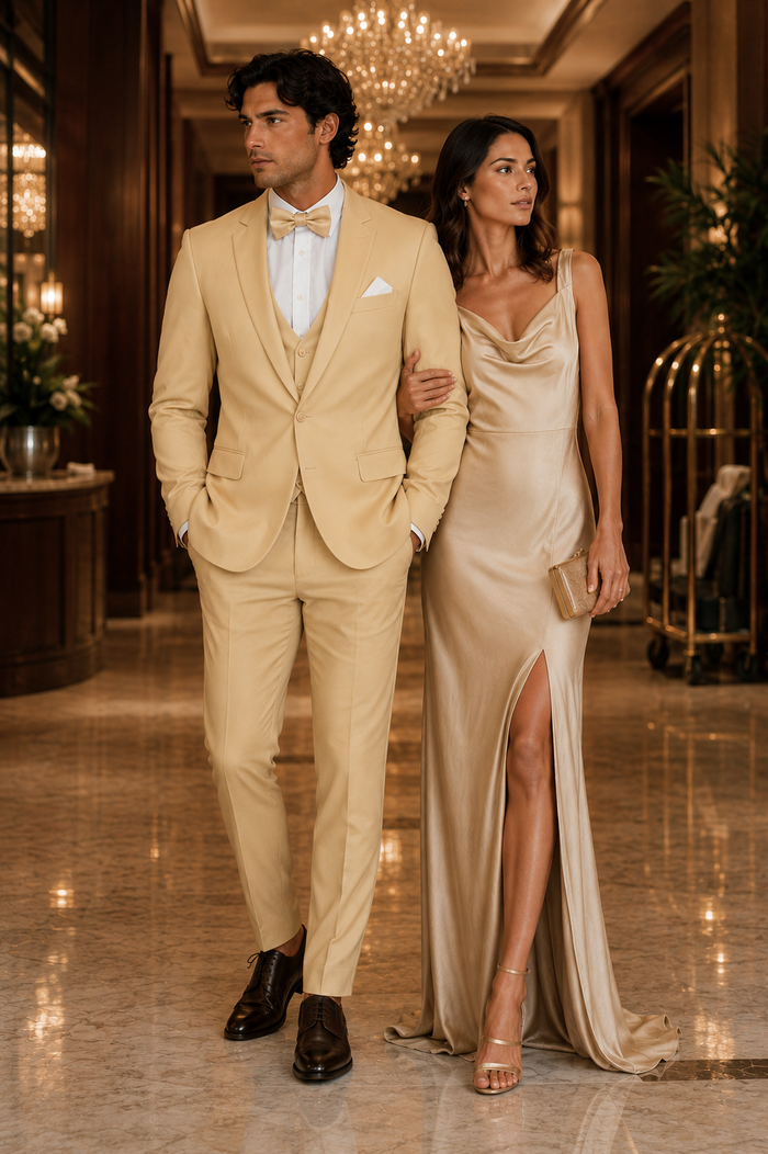 Men Champagne Suit - Light Gold Color Shiny Suit  -  Sateen Suit - Wedding Tuxedo Suit