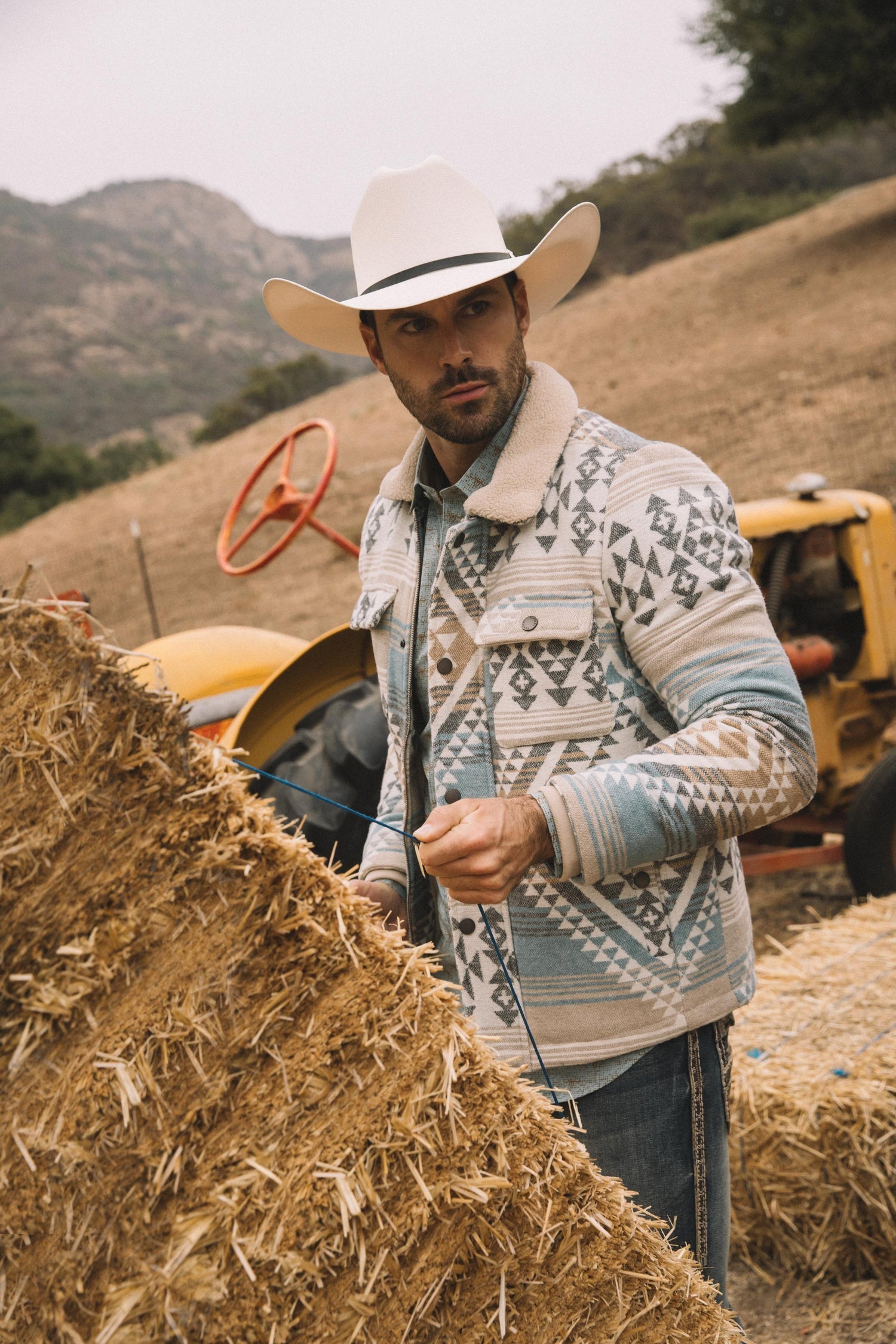 Men’s Aztec Tribal Quilted Twill Jacket – Beige Casual Outerwear