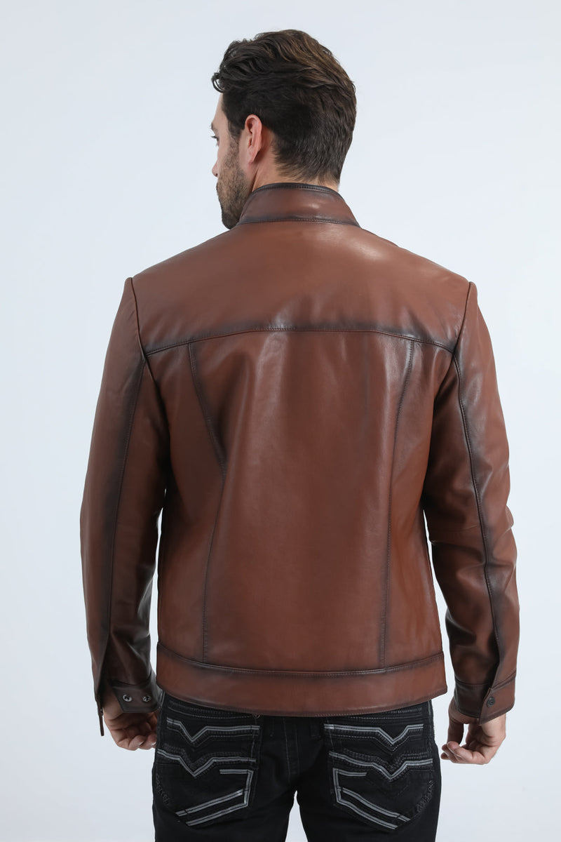 Mens Platini Brown Western Leather Jacket - Vintage Cowboy Style