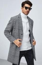 Men Houndstooth Pattern Lapel Neck Overcoat - AlbertoNardoniStore