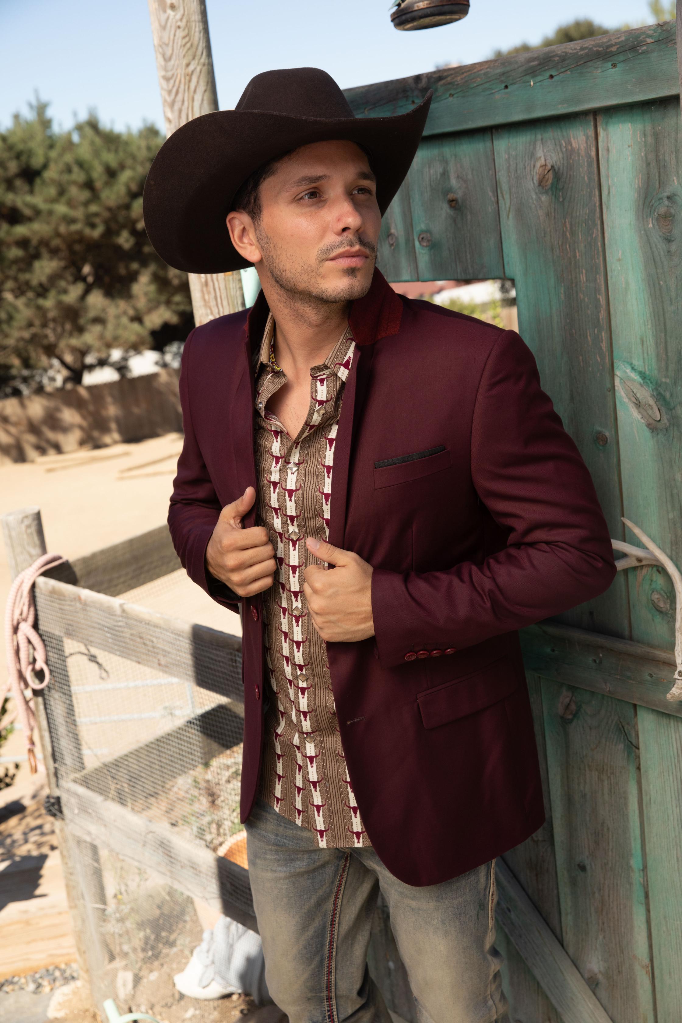 Burgundy Western Cowboy Blazer - Mens Modern Fit Stretch Date Night Burgundy Blazer