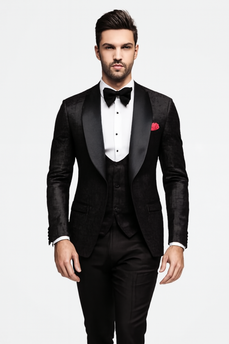 Men One Button Floral All Black Tuxedo with Shawl Lapel – 3 Piece