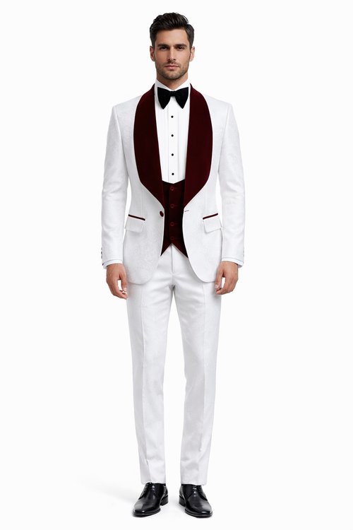 Men One Button Floral White and Burgundy Tuxedo 3 Piece
