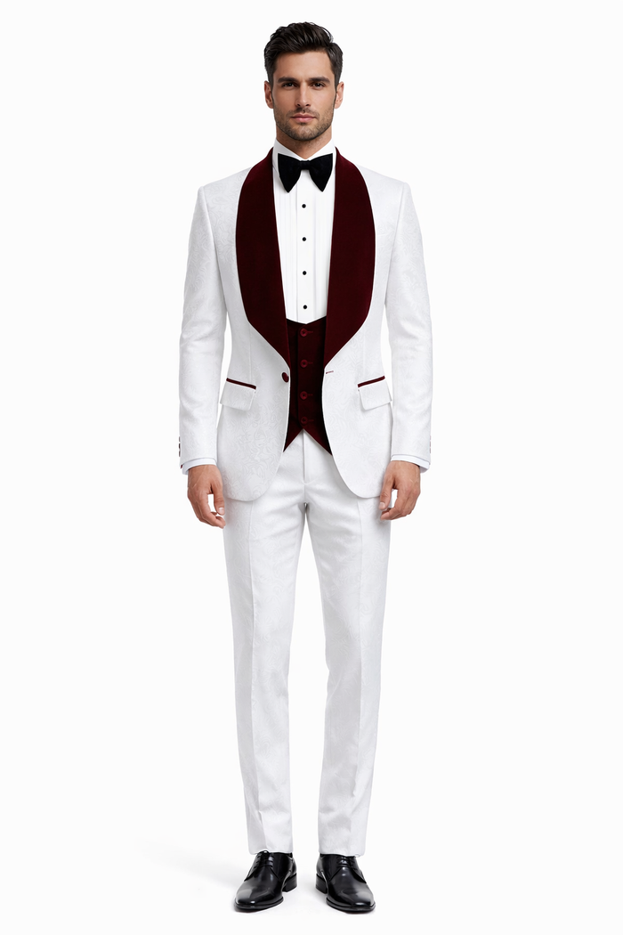 Men One Button Floral White and Burgundy Tuxedo 3 Piece