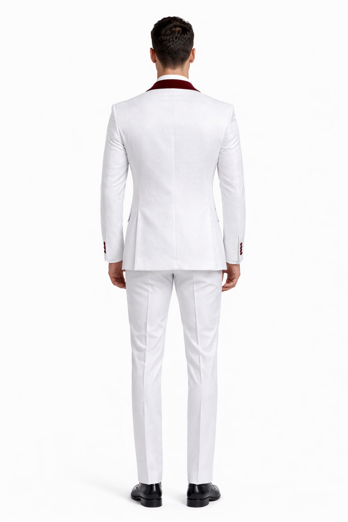 Men One Button Floral White and Burgundy Tuxedo 3 Piece