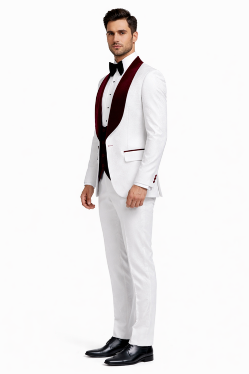 Men One Button Floral White and Burgundy Tuxedo 3 Piece