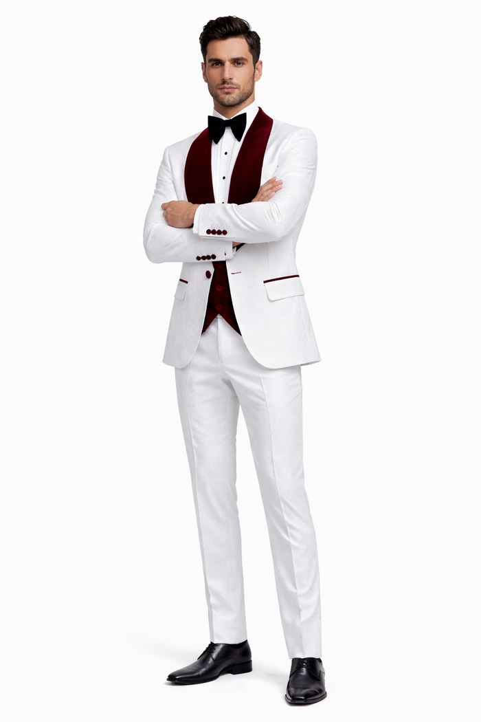 Men One Button Floral White and Burgundy Tuxedo 3 Piece