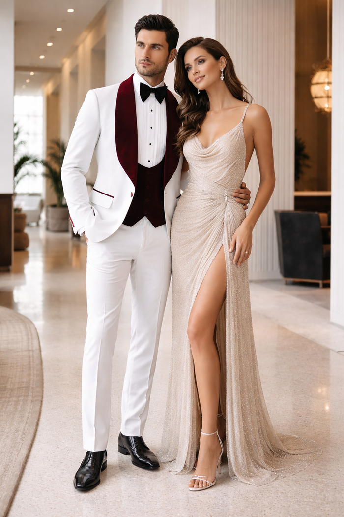 Men One Button Floral White and Burgundy Tuxedo 3 Piece