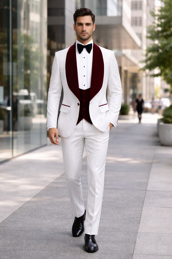 Men One Button Floral White and Burgundy Tuxedo 3 Piece