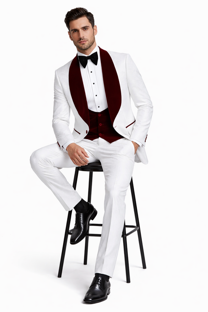 Men One Button Floral White and Burgundy Tuxedo 3 Piece