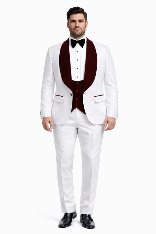 Men One Button Floral White and Burgundy Tuxedo 3 Piece