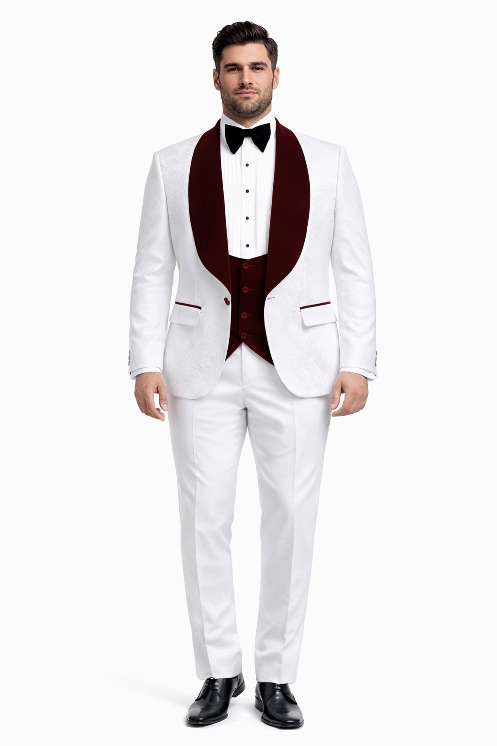 Men One Button Floral White and Burgundy Tuxedo 3 Piece