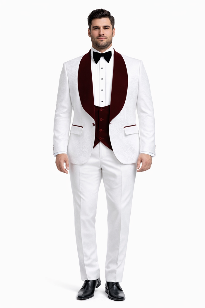 Men One Button Floral White and Burgundy Tuxedo 3 Piece