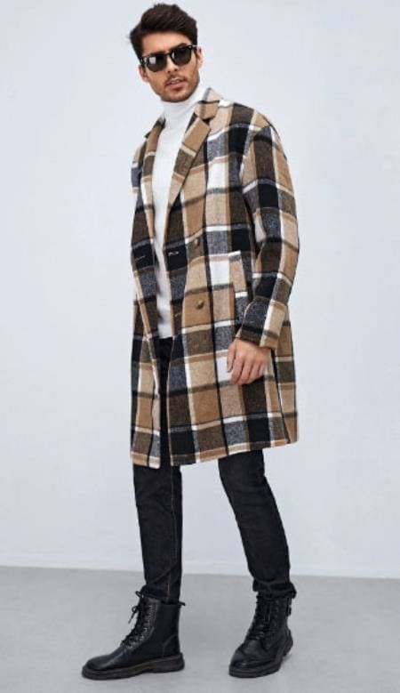 Men Plaid Lapel Neck Double Breasted Overcoat - Wool - AlbertoNardoniStore