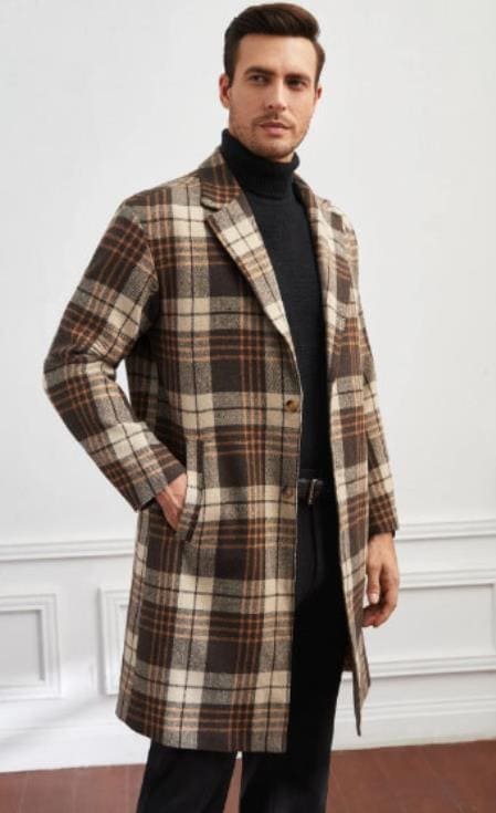 Men Plaid Lapel Neck Slant Pockets Overcoat - AlbertoNardoniStore