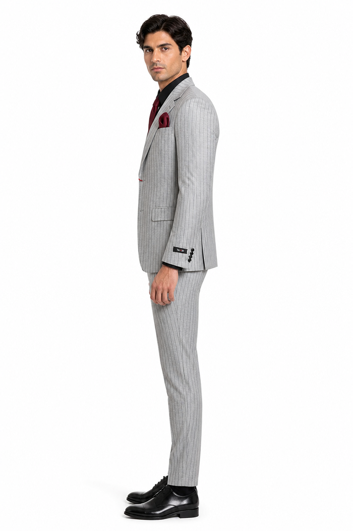 Mens 3-Piece Light Grey Pinstripe Suit with Vest Classic Business, Wedding, and Formal Attire