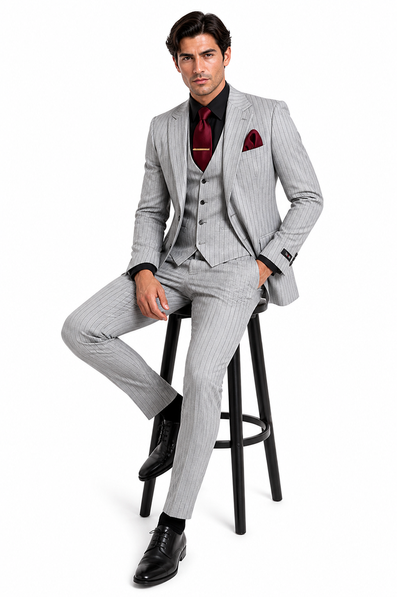 Mens 3-Piece Light Grey Pinstripe Suit with Vest Classic Business, Wedding, and Formal Attire