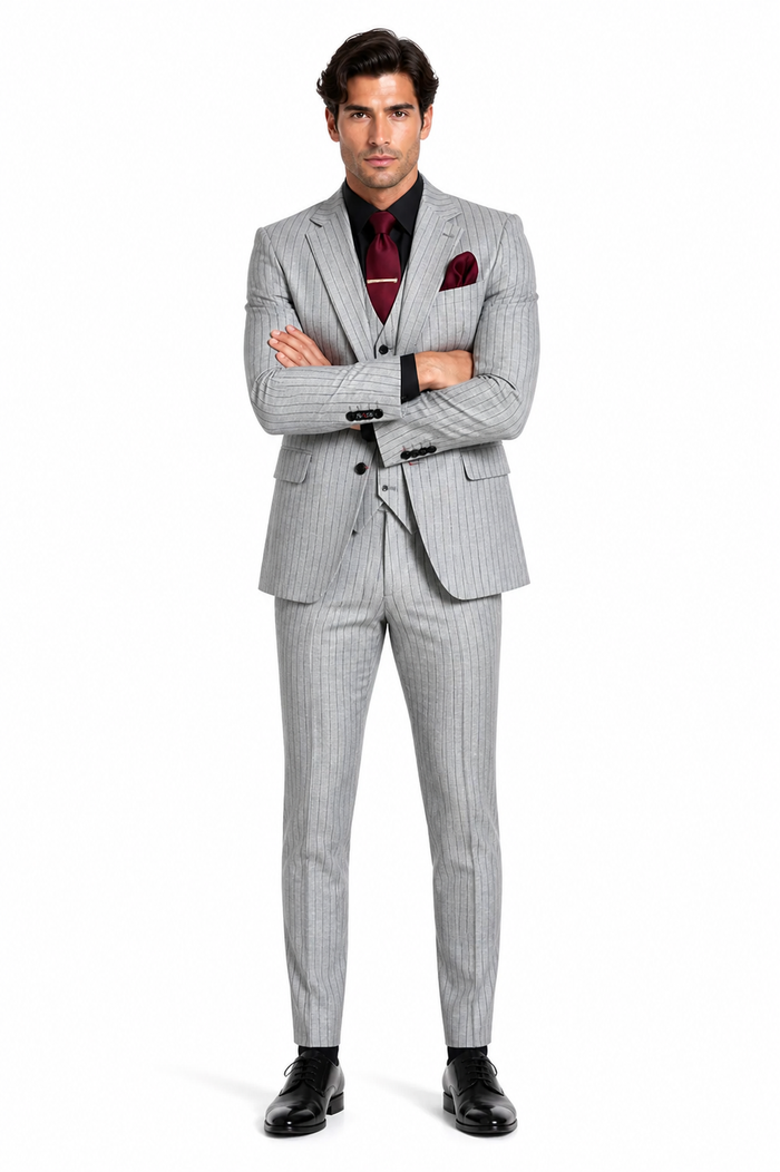 Mens 3-Piece Light Grey Pinstripe Suit with Vest Classic Business, Wedding, and Formal Attire