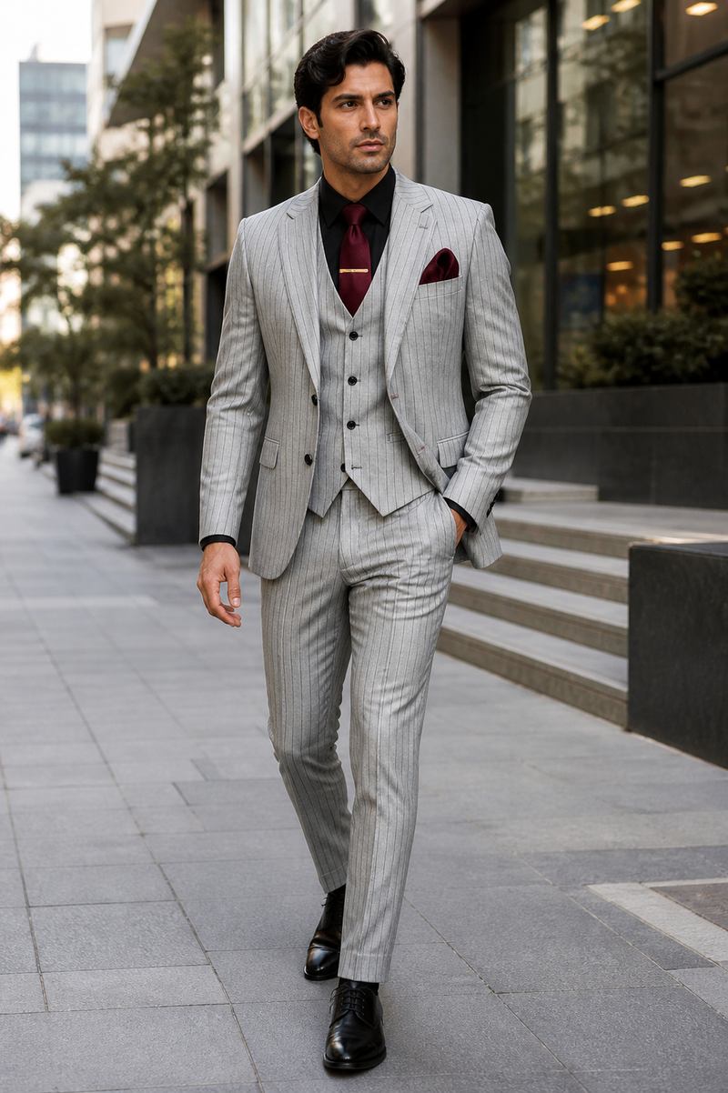 Mens 3-Piece Light Grey Pinstripe Suit with Vest Classic Business, Wedding, and Formal Attire