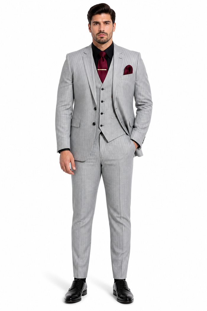 Mens 3-Piece Light Grey Pinstripe Suit with Vest Classic Business, Wedding, and Formal Attire