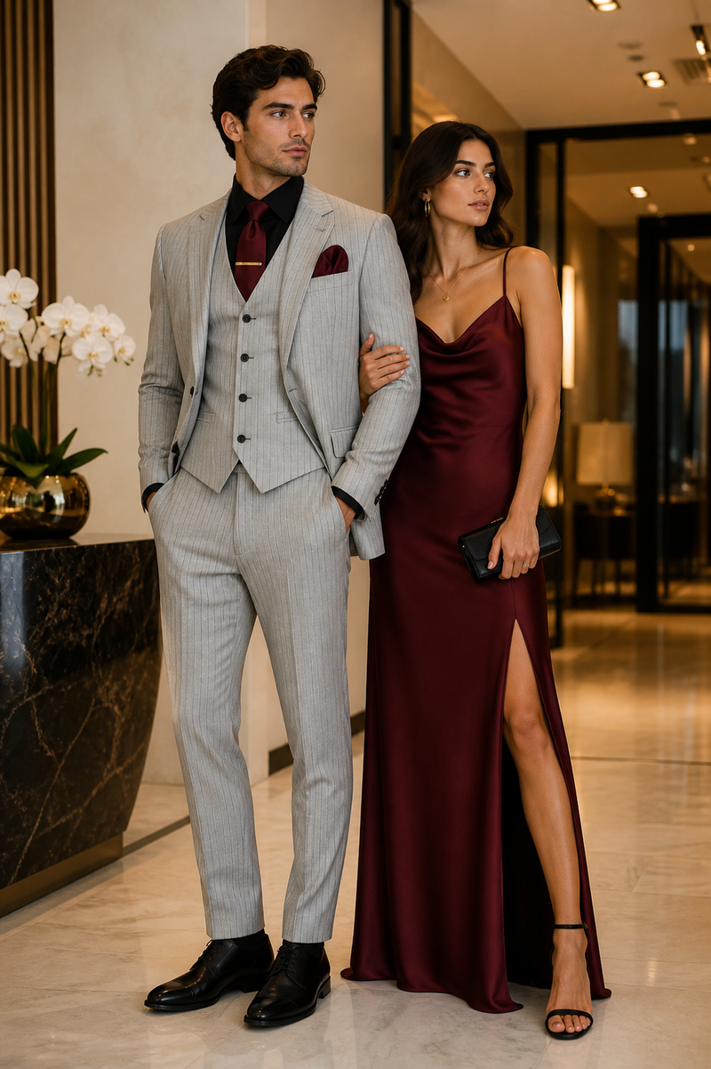 Mens 3-Piece Light Grey Pinstripe Suit with Vest Classic Business, Wedding, and Formal Attire
