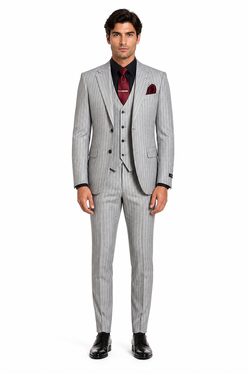 Mens 3-Piece Light Grey Pinstripe Suit with Vest Classic Business, Wedding, and Formal Attire